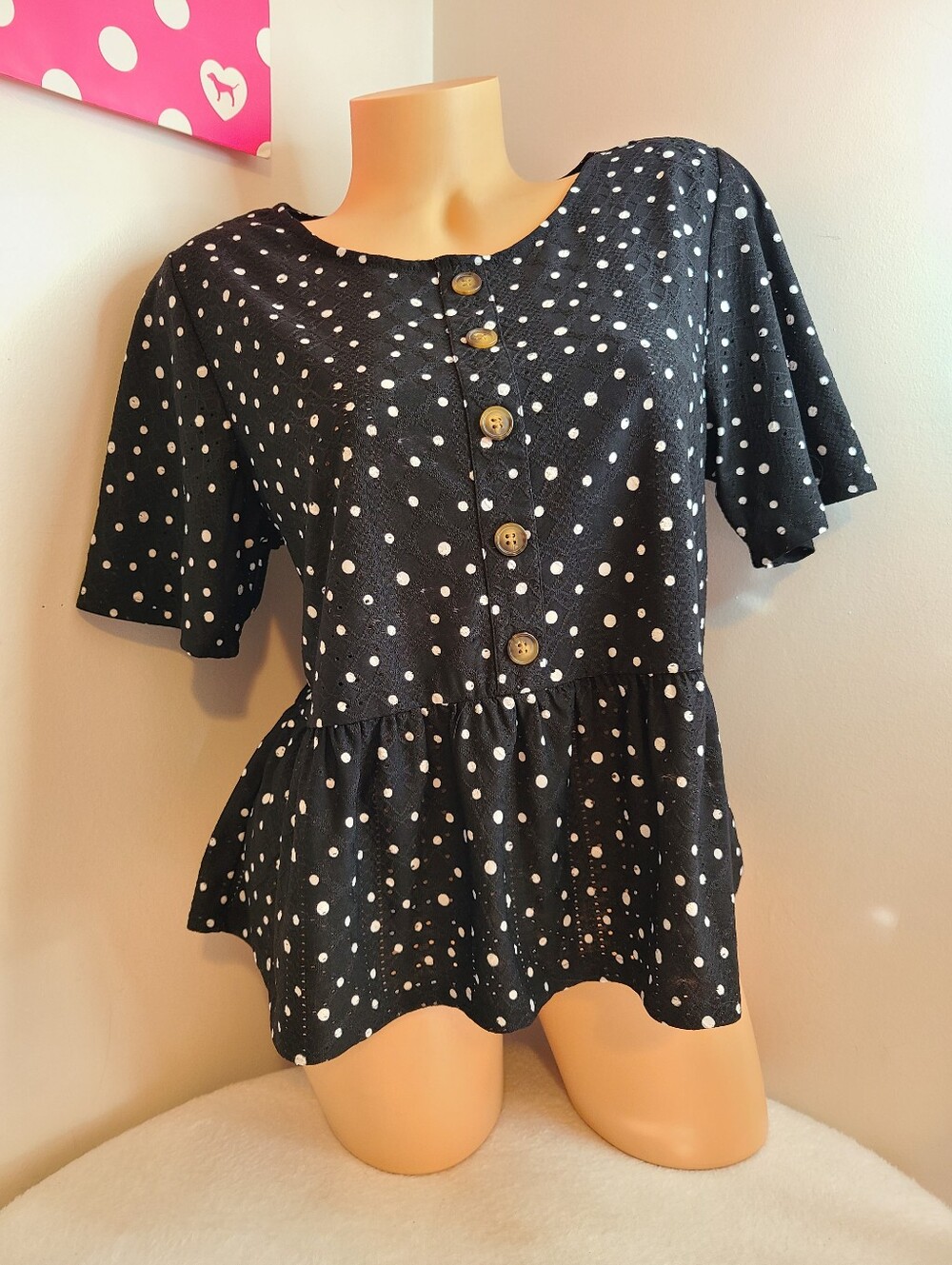 NWT Belle By Belldini Cute Polka Dot Ruffled Peplum Top Size Lg